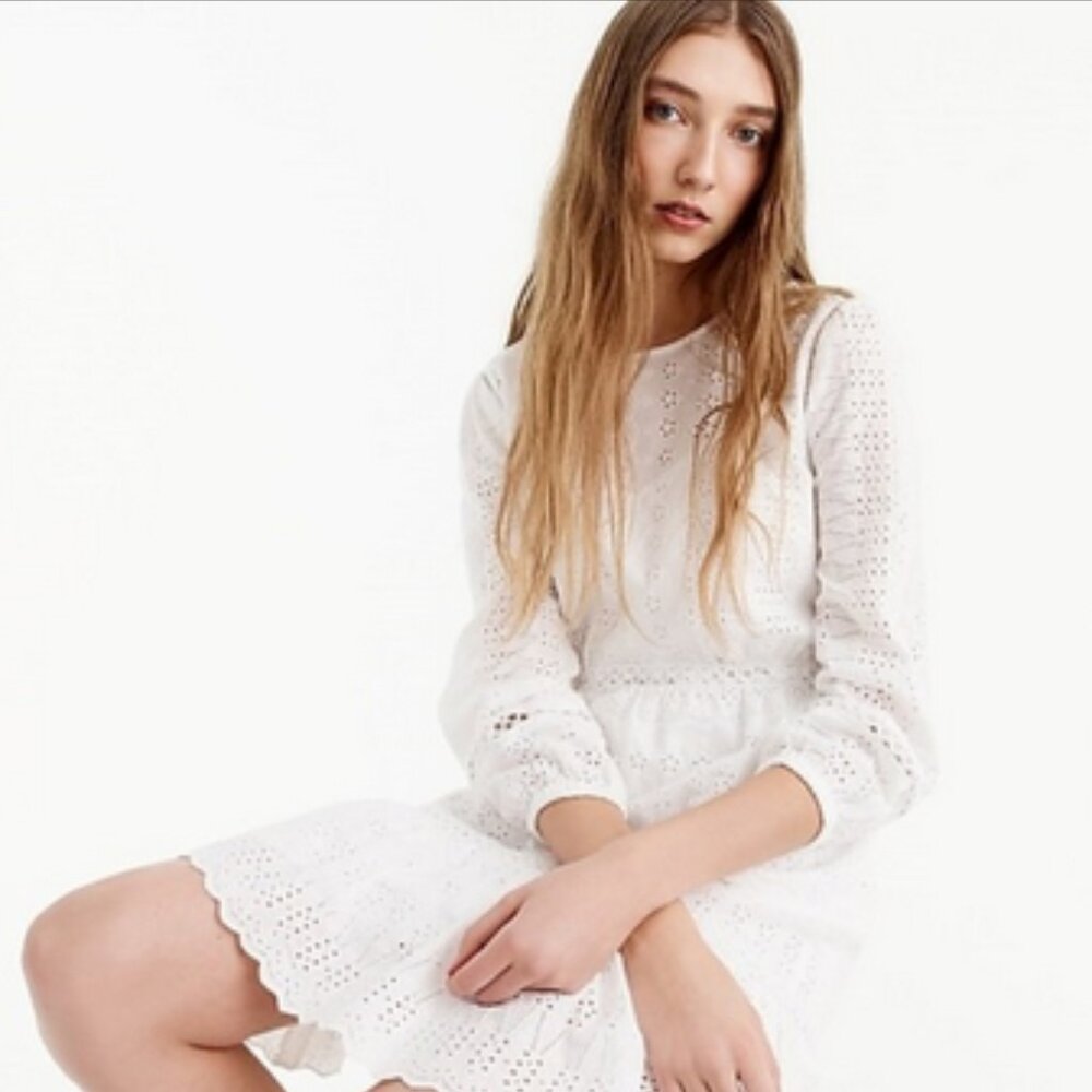 J. Crew Petite White Eyelet Flutter Hem Dress
